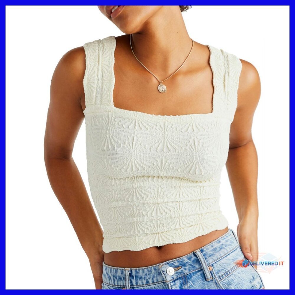 Square Neck Crop Tank Top with Floral Embroidery, Wide Straps, Lettuce Trim